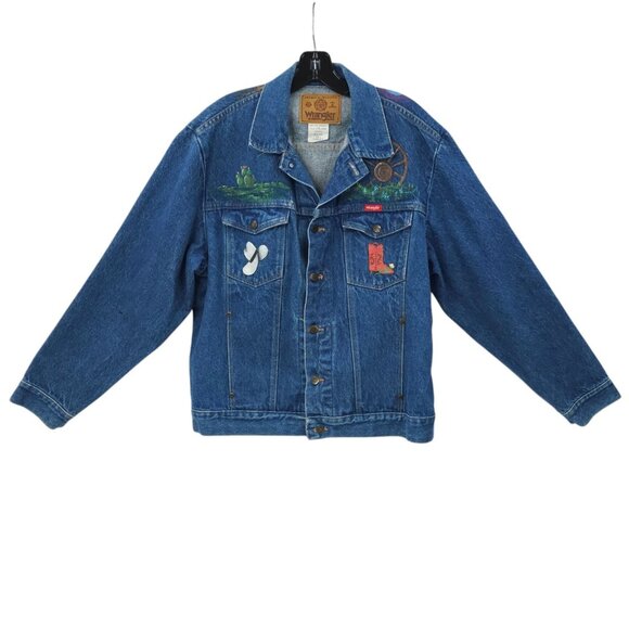 Wrangler Western Denim Jacket Womens Size L DIY Hand Painted Texas Cactus Boot - Picture 1 of 16